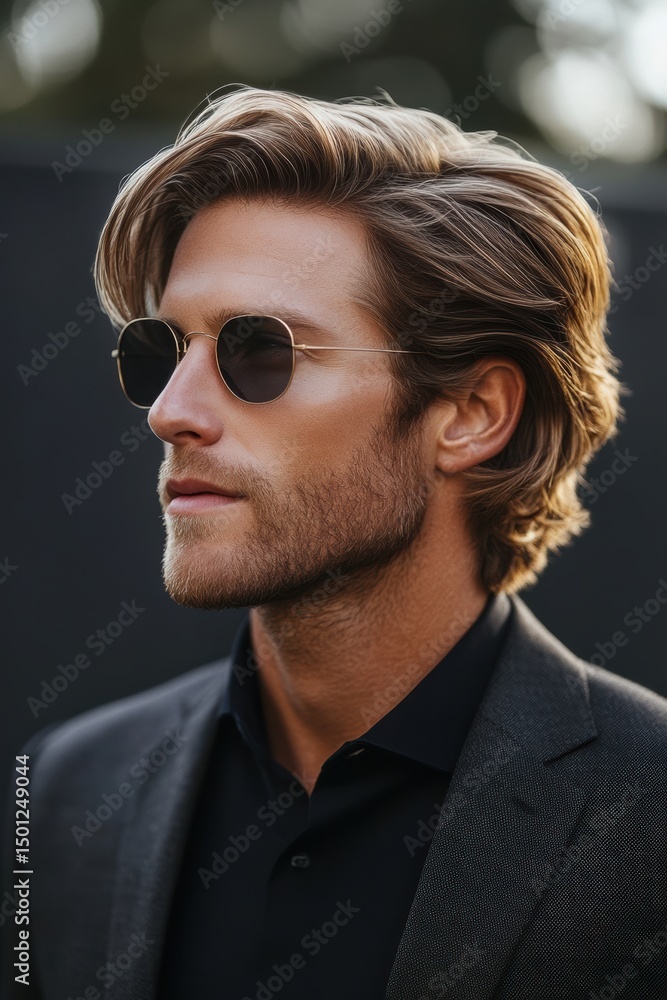Fototapeta premium Stylish man in sunglasses wearing a dark suit during a sunny day outdoors at a fashion event or gathering in an urban setting with blurred background
