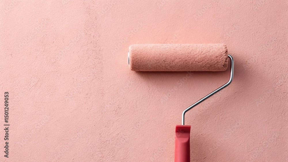 Obraz premium A light pink paint roller with a brown handle lies on a subtly textured light pink surface, suggesting a fresh coat or ongoing painting project