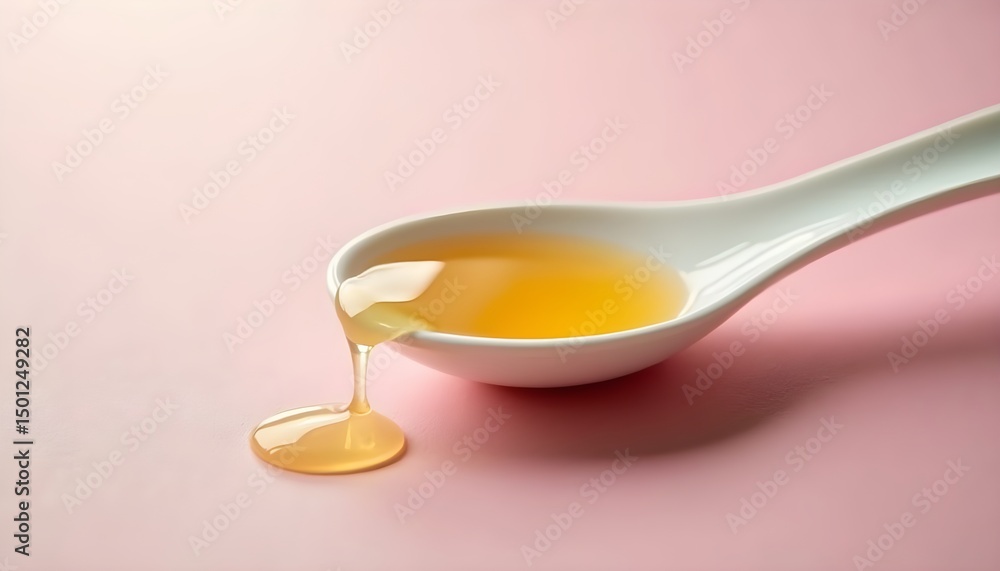 A white spoon filled with yellow liquid on a pink surface A white spoon filled with yellow liquid on a pink surface