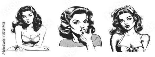 Vintage Style Illustrations of Elegant Women in Black and White Art