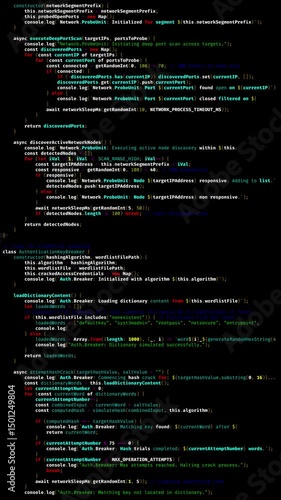 Vertical video features numerous lines of programming code continuously scrolling across the screen in a simulated digital environment