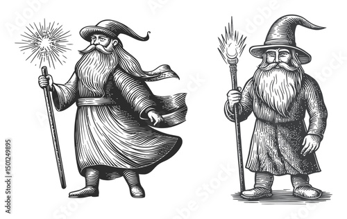 Detailed Illustration of Two Wizards with Magic Wands in Vintage Style