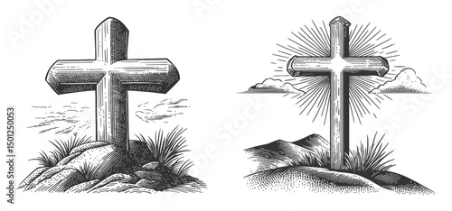 Vintage Vector Illustration of Cross with Sunlight and Landscape Elements