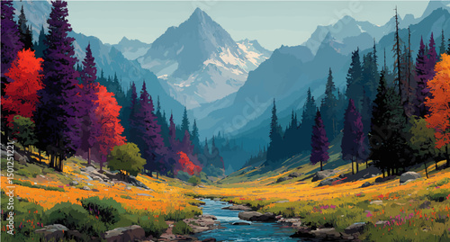 Colorful Mountain Valley Landscape Vector