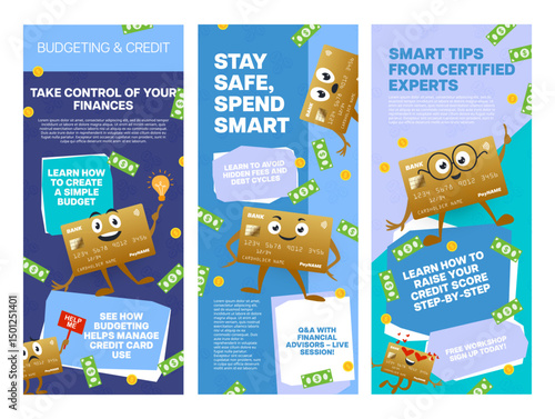 Educational banners on how credit cards work designed to inform users about budgeting and financial safety tips