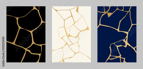 Japanese art of gold kintsugi repairing broken pottery modern cover design set. Luxury vector template in black, gold, white, blue colors for card, invite, menu, poster