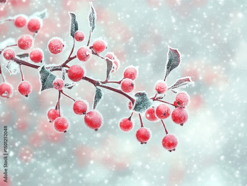 Delicate red holly berries covered in frost, set against a snowy backdrop, Generative AI Delicate red holly berries covered in frost, set against a snowy backdrop, Generative AI
