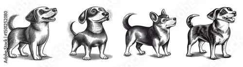 Vintage Vector Illustration of Four Distinct Dog Breeds in Black and White