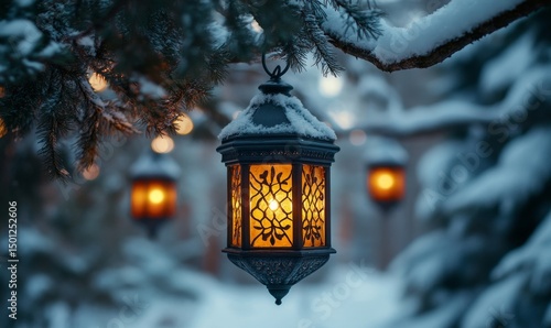 Ornate winter lanterns hanging from snow-covered branches in a forest clearing, Generative AI