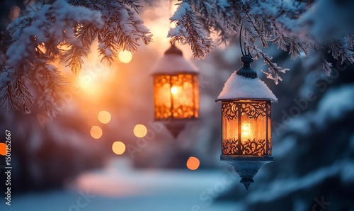Ornate winter lanterns hanging from snow-covered branches in a forest clearing, Generative AI