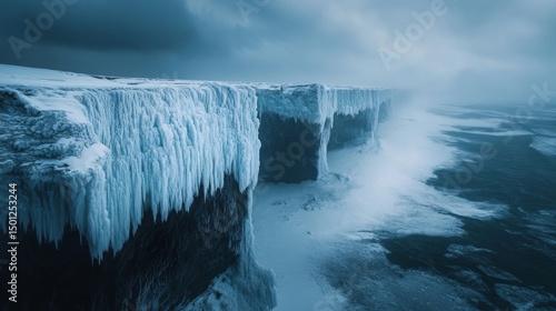 Dramatic icy cliffs meeting a frozen ocean under a stormy winter sky, Generative AI