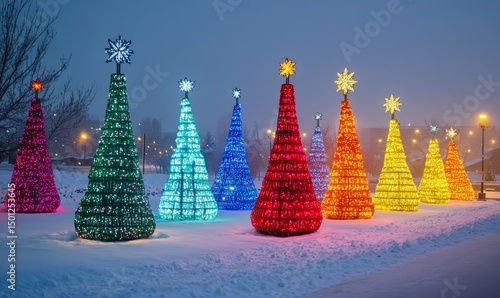 Vibrant holiday decorations lighting up a snowy city square, Generative AI