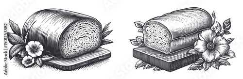 Detailed Black and White Vector Illustration of Fresh Bread Loaves