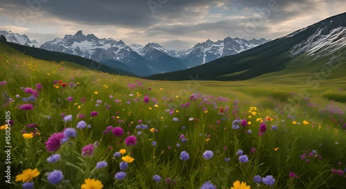 Vibrant Wildflowers In Mountain Meadow Under Dramatic Sky