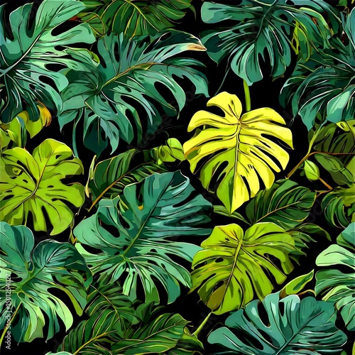 Monstera leaves creating dense jungle backdrop