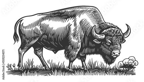 Detailed Hand-Drawn Buffalo Illustration in Vintage Style Design