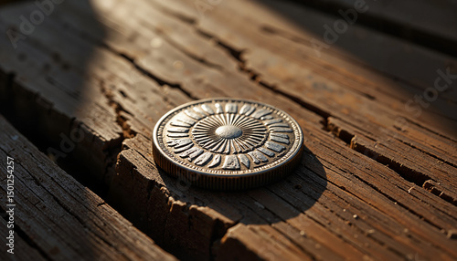 Vintage Silver coin lying on table surface for coin collectors, history blogs, and antiques presentations