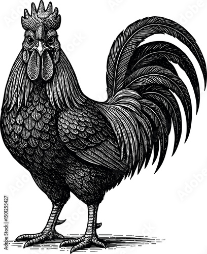 Rooster full body side view facing towards the front vector black silhouette cricut print design isolated on a plain white background