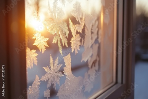 Intricate frost patterns spreading across a frosted glass window with soft morning light, Generative AI