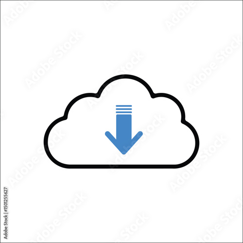 Cloud icon with downward blue download arrow representing data download, cloud services, file saving, and internet technology, clean flat vector isolated on white background for IT and computing conte