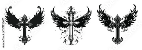Elegant Winged Cross Designs in Black and White Vector Art Illustration
