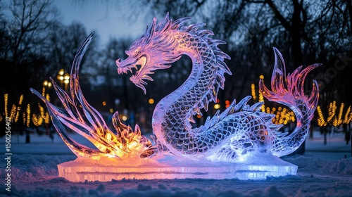 Elegant ice sculpture of a mythical dragon glowing under colorful festival lights, Generative AI