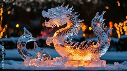Elegant ice sculpture of a mythical dragon glowing under colorful festival lights, Generative AI