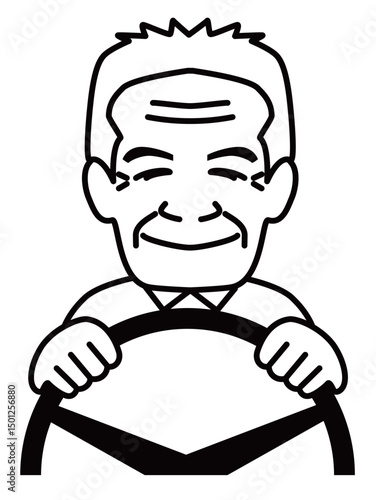 男性高齢者ドライバーのモノクロイラスト