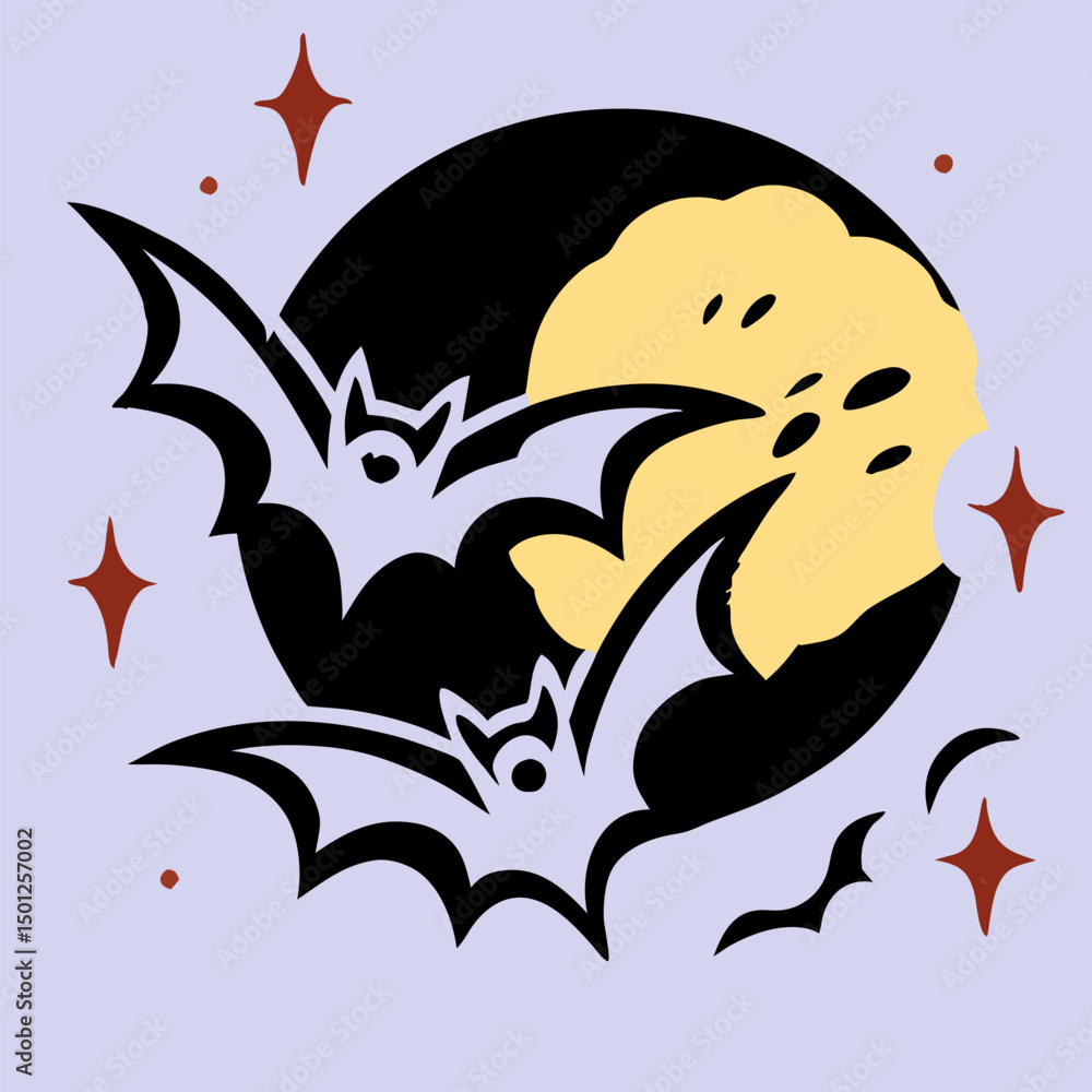 Naklejka premium Halloween Bats Flying Around Moon Illustration