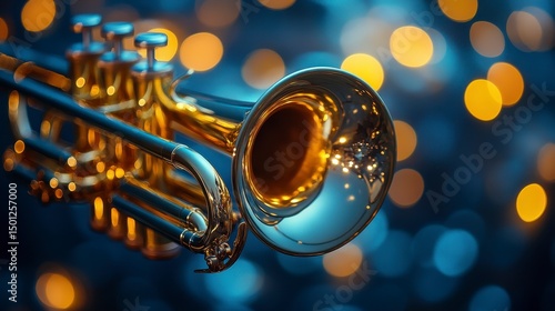 Shiny golden trumpet rests, surrounded by soft, blurred lights