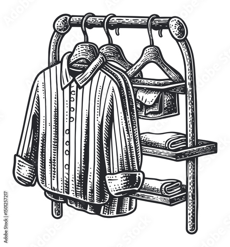 Detailed Hand-Drawn Illustration of Hanging Clothes and Shelves