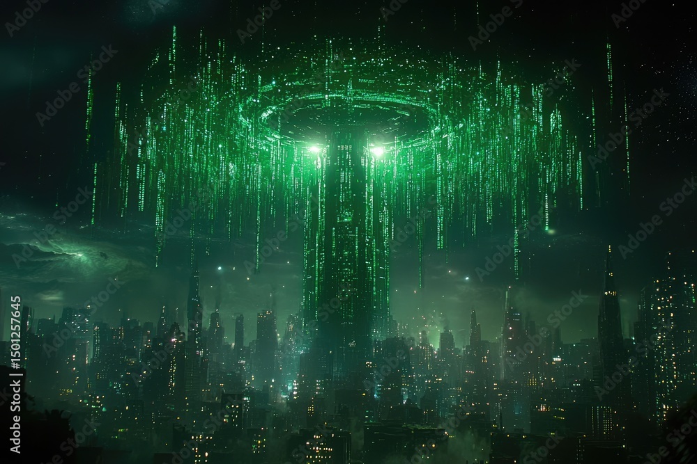 Obraz premium Futuristic cityscape under glowing green digital structure.