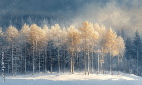 Serene winter morning with soft golden light illuminating a snowy forest, Generative AI