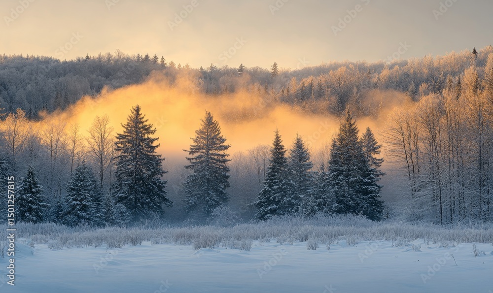 Serene winter morning with soft golden light illuminating a snowy forest, Generative AI Serene winter morning with soft golden light illuminating a snowy forest, Generative AI