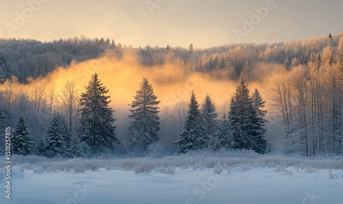 Serene winter morning with soft golden light illuminating a snowy forest, Generative AI