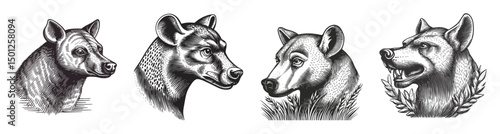 Detailed Vector Illustration of Bears and a Wolf in Classic Style