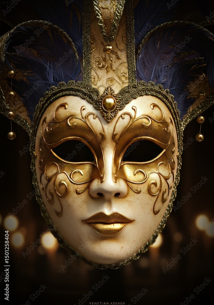 Fototapeta premium Ornate Golden Venetian Mask with Blue Feathers and Elegant Details Photo