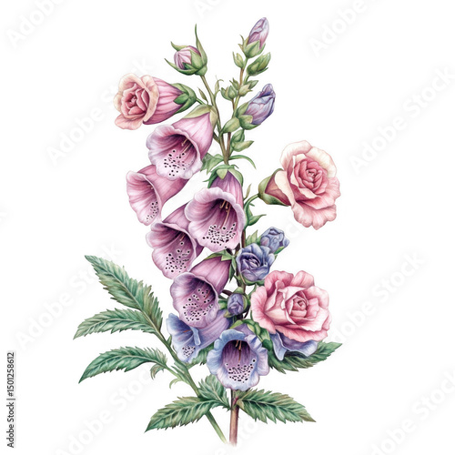 Pastel Pink and Purple Roses and Foxgloves Floral Bouquet