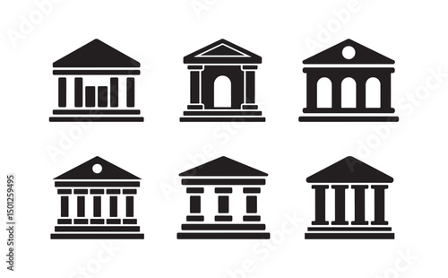Six government building icons show distinct architectural styles against white background