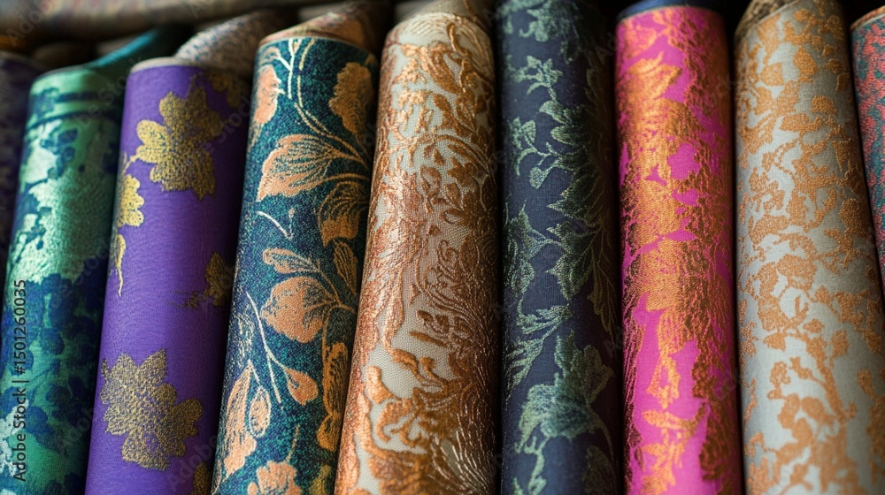 Colorful rolls of intricate, patterned fabric showcase a variety of designs, perfect for fashion, home decor, or DIY projects that require an artistic touch and vibrant hues. Colorful rolls of intricate, patterned fabric showcase a variety of designs, perfect for fashion, home decor, or DIY projects that require an artistic touch and vibrant hues.