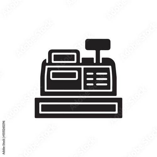 Simple black cash register silhouette showcases commercial technology on white background
