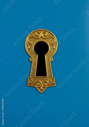 Photo A Detailed Gold Keyhole on Blue Background Ornamented Texture
