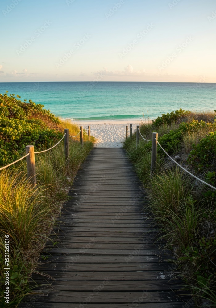 Obraz premium Wooden Boardwalk Leading to Tropical Beach at Sunset