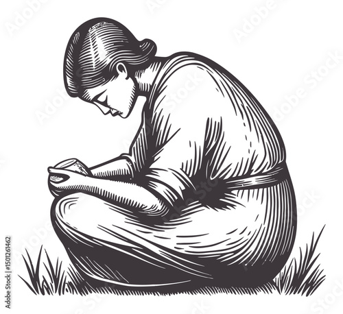 Female Figure in Contemplation, Vintage Vector Art Illustration Style