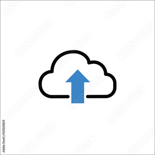 Cloud icon with upward blue upload arrow symbolizing data upload, cloud computing, file transfer, and internet services, clean flat vector design isolated on white background for technology and networ
