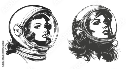 Vintage Astronaut Woman Illustration in Retro Style with Bold Lines