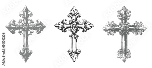Ornate Decorative Cross Illustrations in Vintage Artistic Style