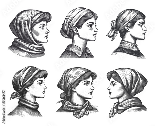 Vintage Profile Illustrations of Women Wearing Various Headscarves