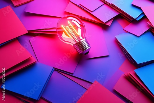 A glowing lightbulb surrounded by colorful papers on a vibrant background