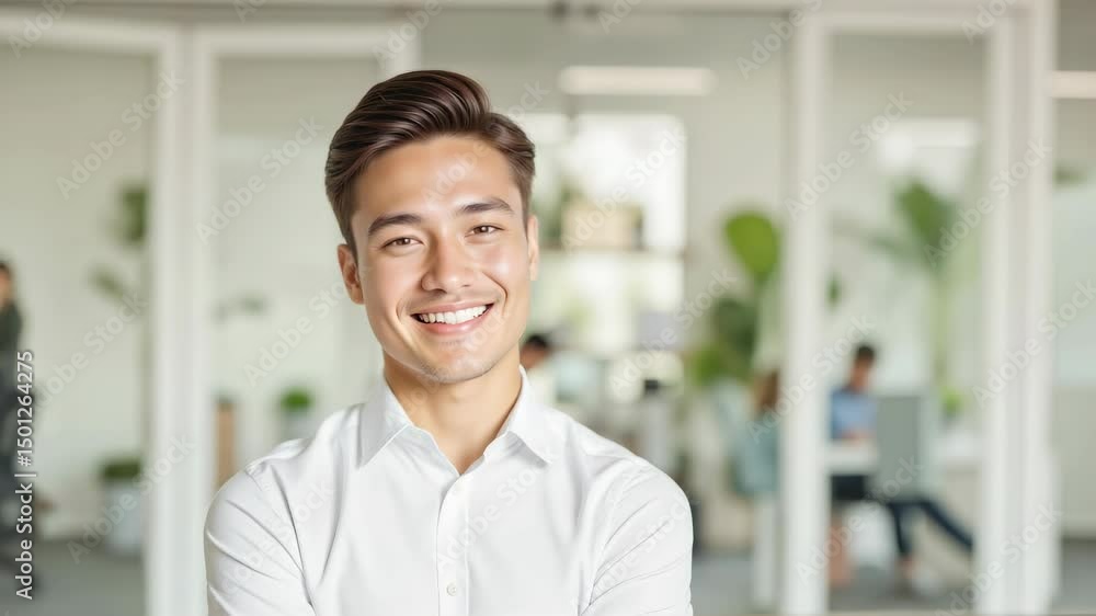 Confident Young Professional in Modern Office - Asian Man in White Shirt Smiling for Corporate Headshots, Business Presentations, and Marketing Materials Confident Young Professional in Modern Office - Asian Man in White Shirt Smiling for Corporate Headshots, Business Presentations, and Marketing Materials